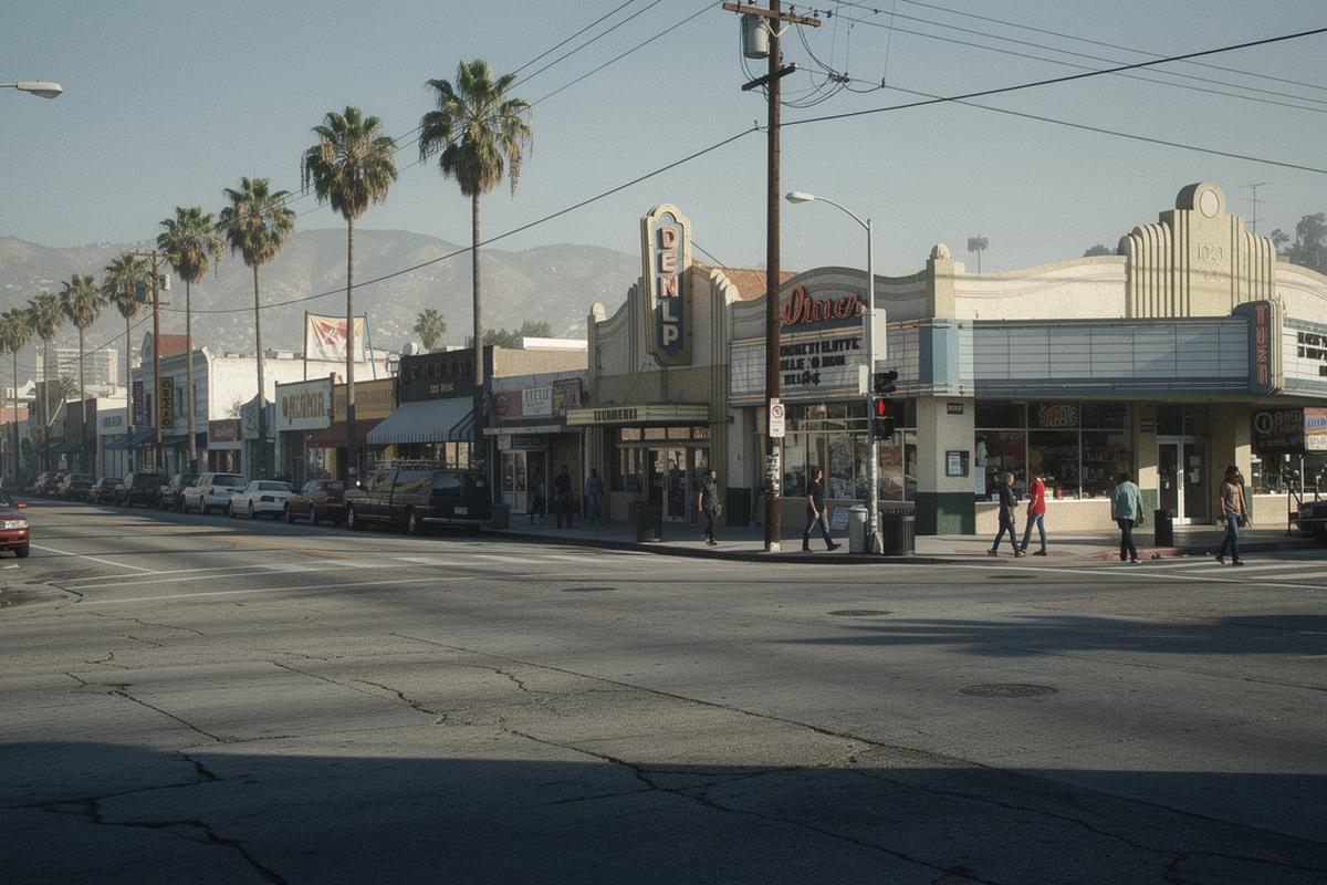 Street-level photo angle at a classic Hollywood-style filming block