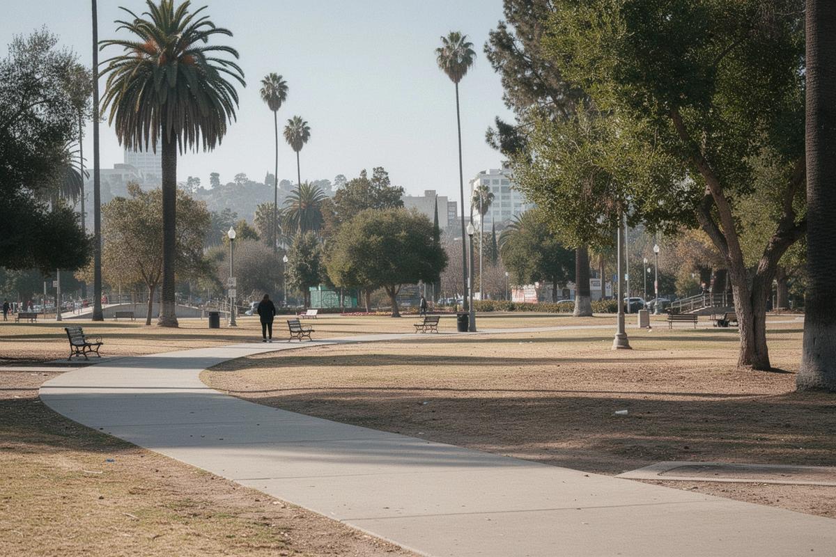 View of a park edge photo spot with trees and walkways for film-location style shots