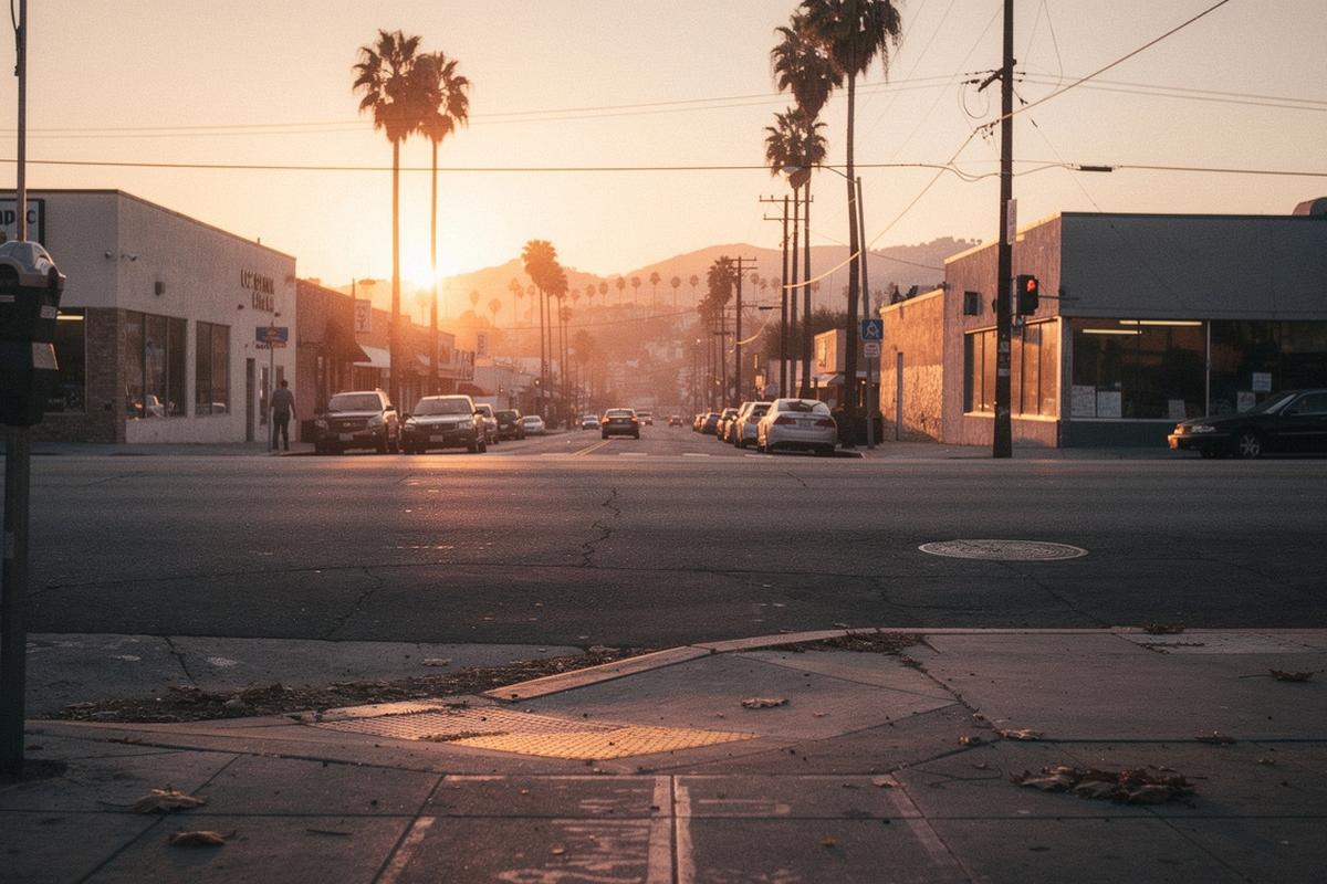 Golden hour streetscape photo angle to end a Los Angeles film-location route